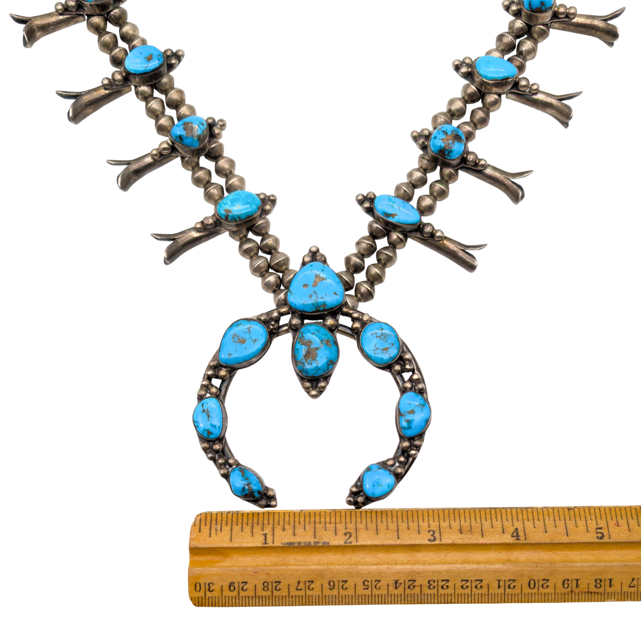 Vintage Old Pawn Sterling Silver Turquoise Squash Blossom Necklace