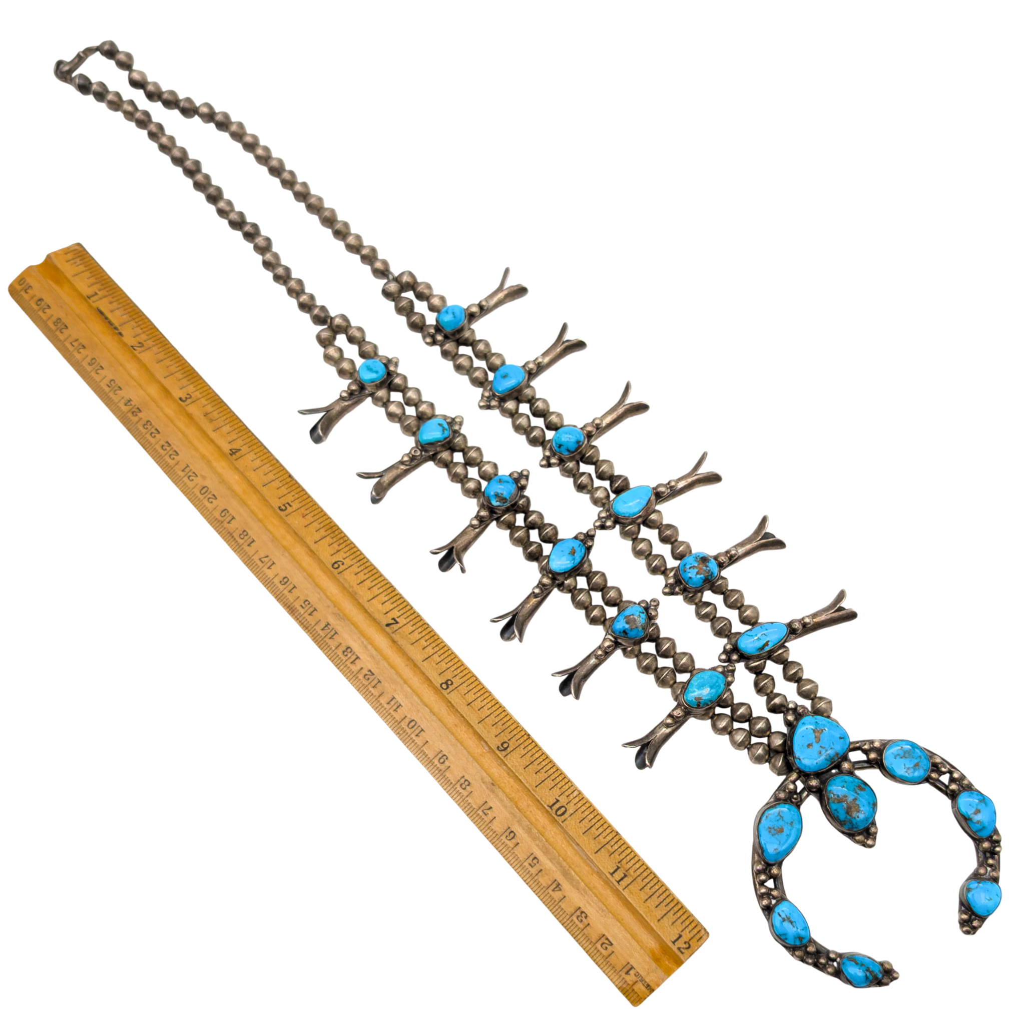 Vintage Old Pawn Sterling Silver Turquoise Squash Blossom Necklace