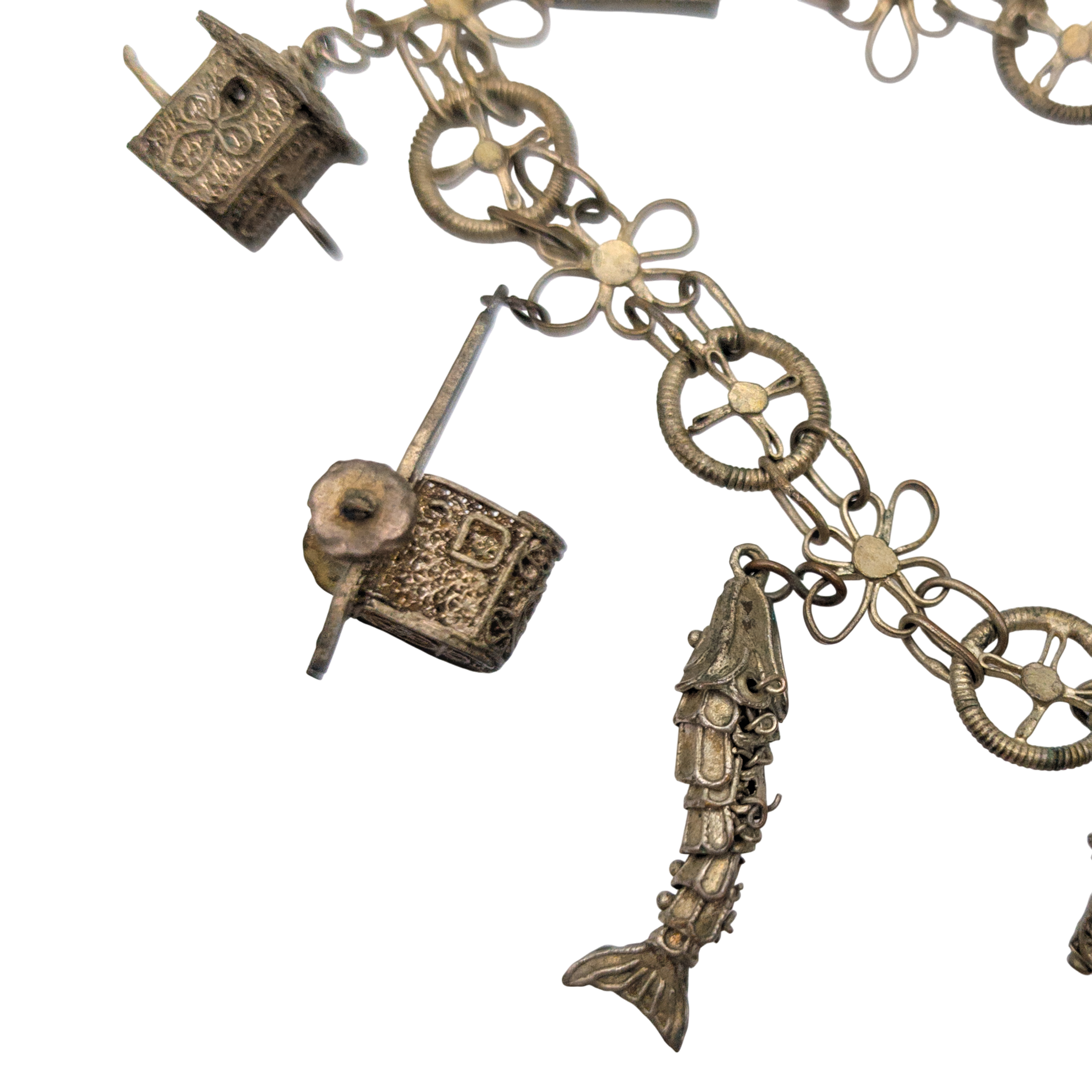 Antique Chinese Export Silver Filigree 6 Charm Bracelet