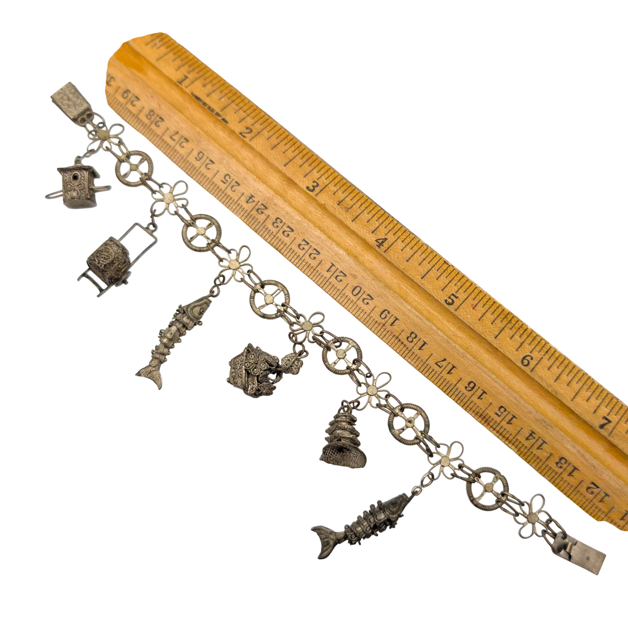 Antique Chinese Export Silver Filigree 6 Charm Bracelet