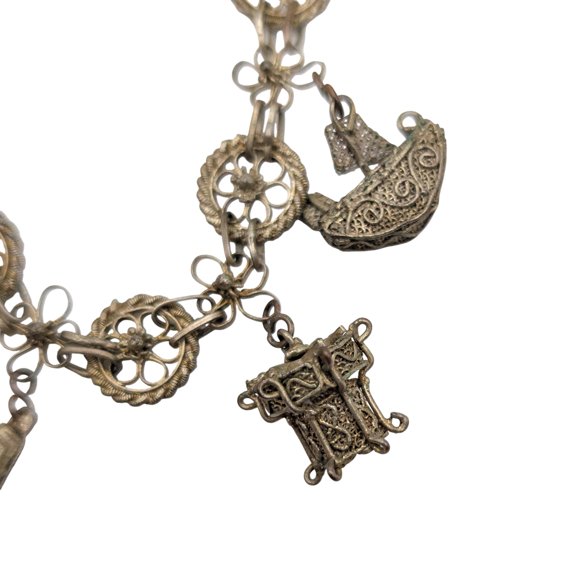 Antique Chinese Export Silver Filigree 7 Charm Bracelet