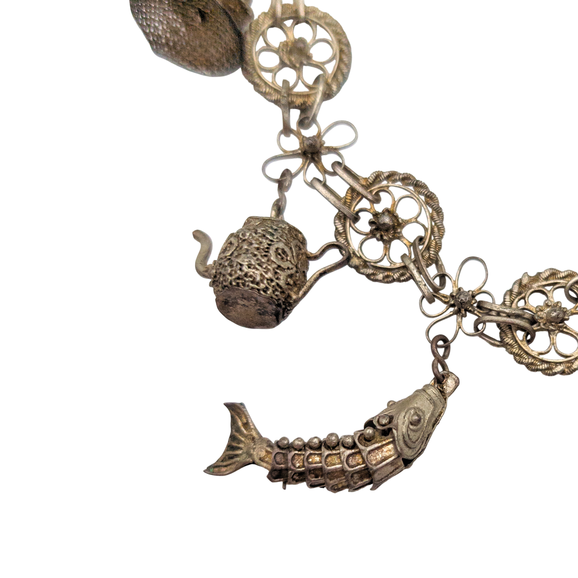 Antique Chinese Export Silver Filigree 7 Charm Bracelet