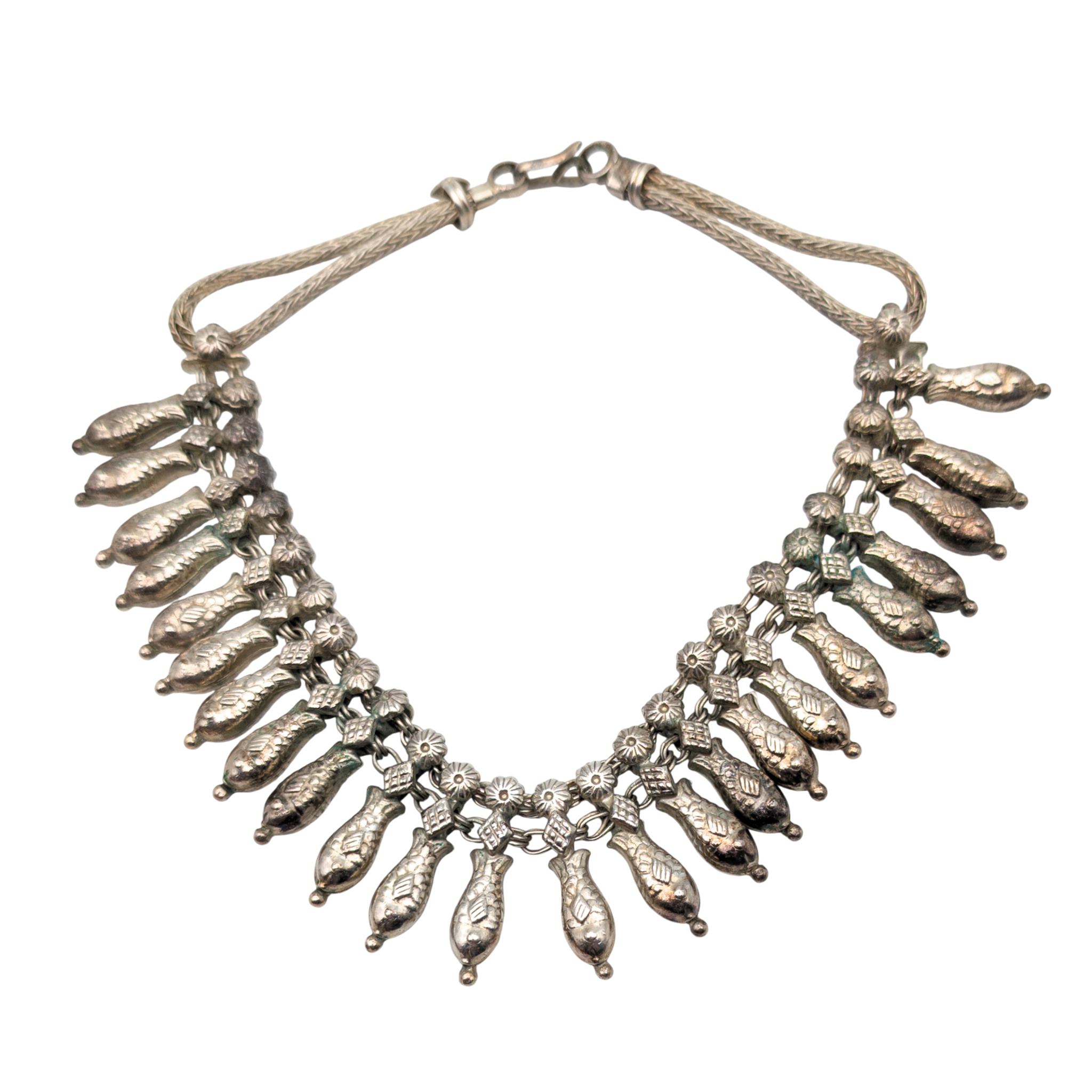 Vintage Tibetan Silver Fish Charm Choker Fringe Necklace