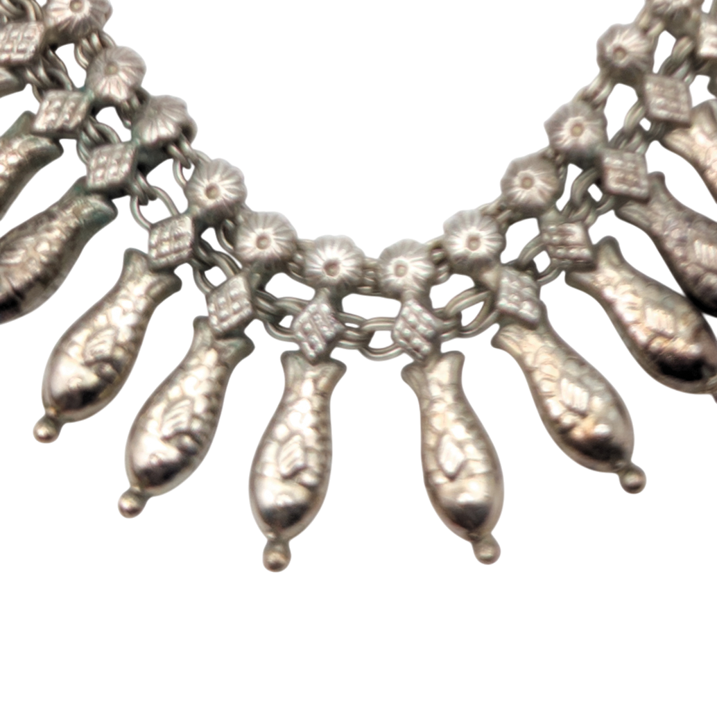 Vintage Tibetan Silver Fish Charm Choker Fringe Necklace
