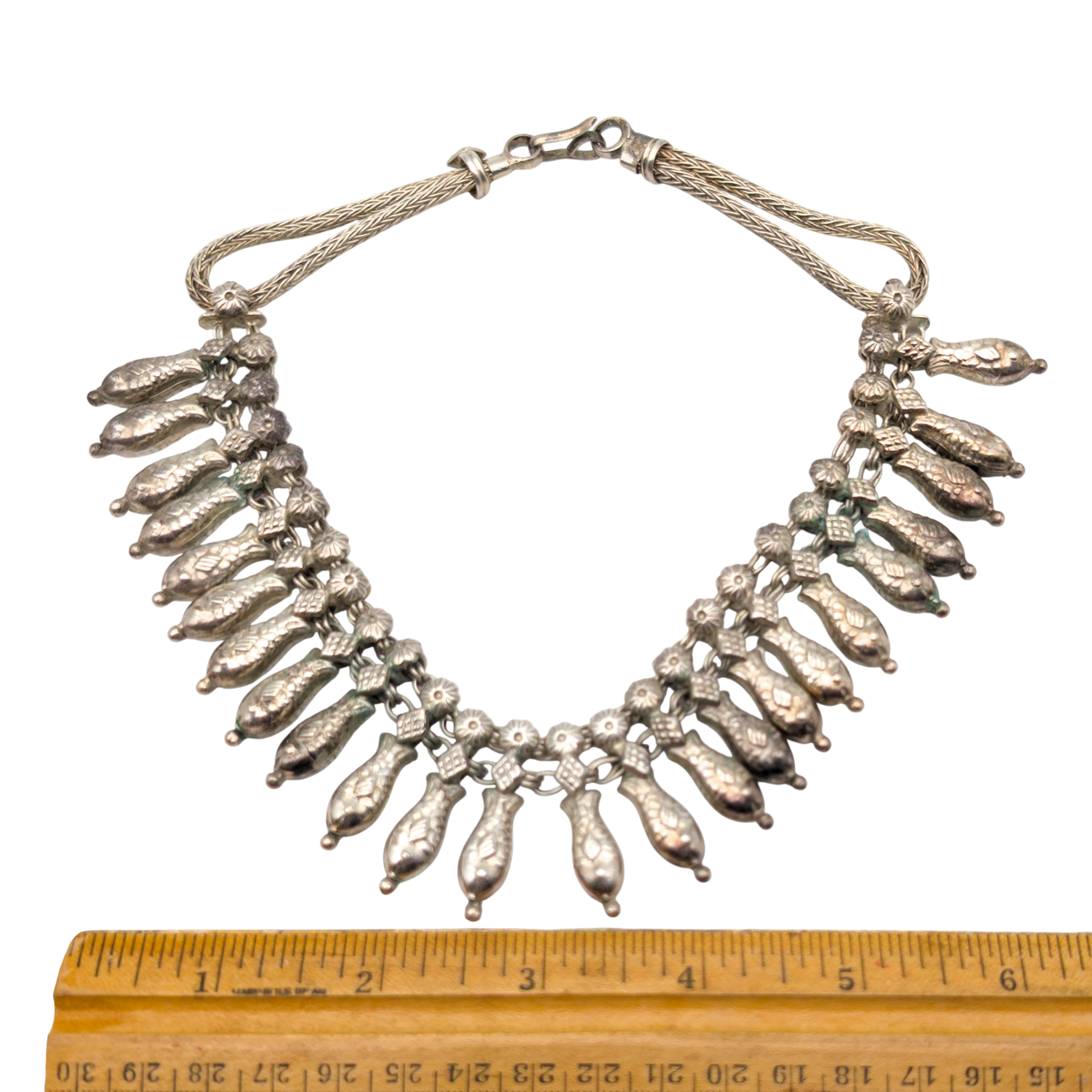 Vintage Tibetan Silver Fish Charm Choker Fringe Necklace