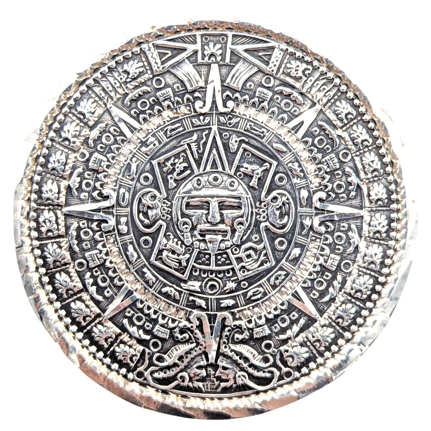 Vintage 925 Silver Aztec Calendar Brooch Pendant