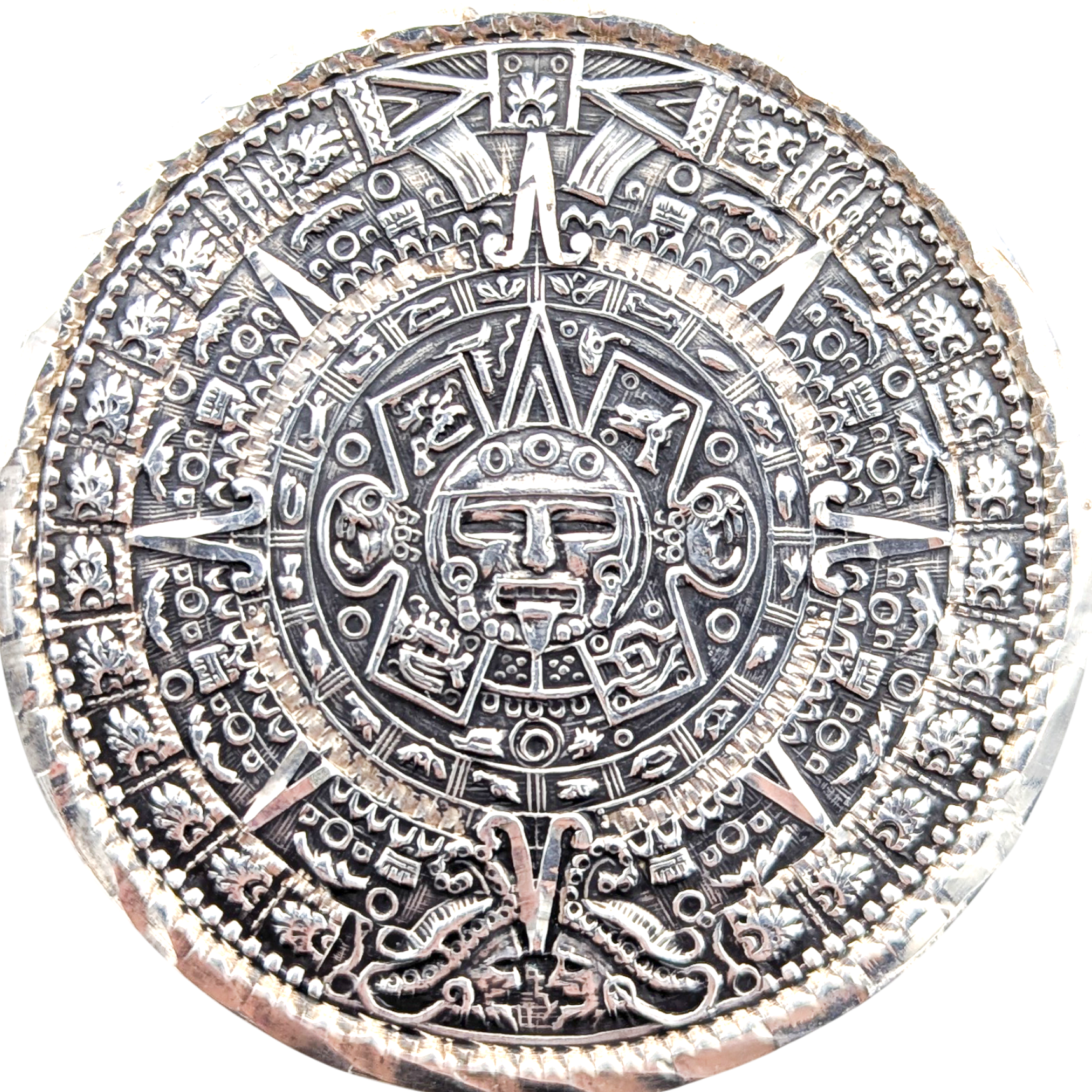 Vintage 925 Silver Aztec Calendar Brooch Pendant