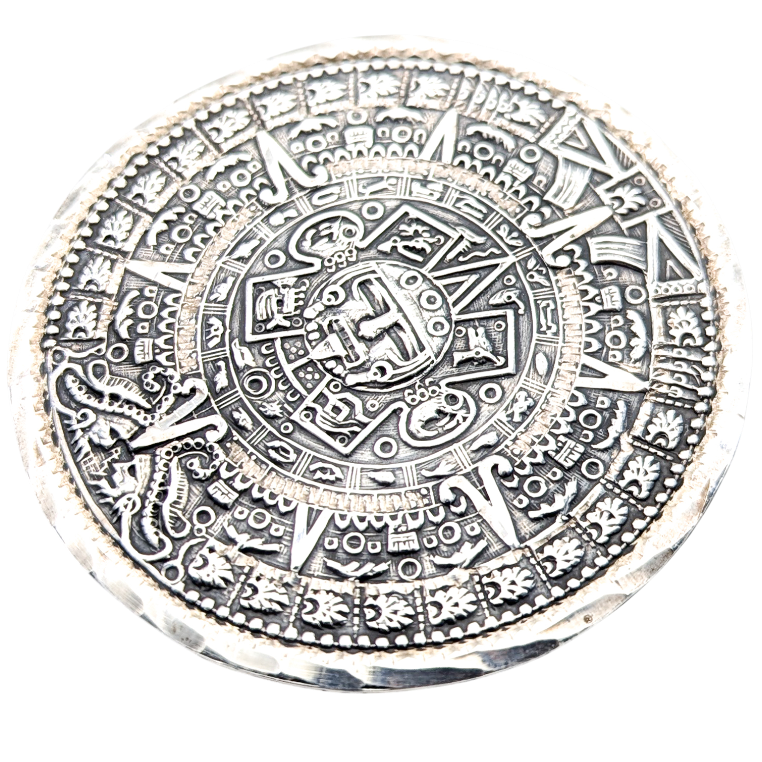 Vintage 925 Silver Aztec Calendar Brooch Pendant