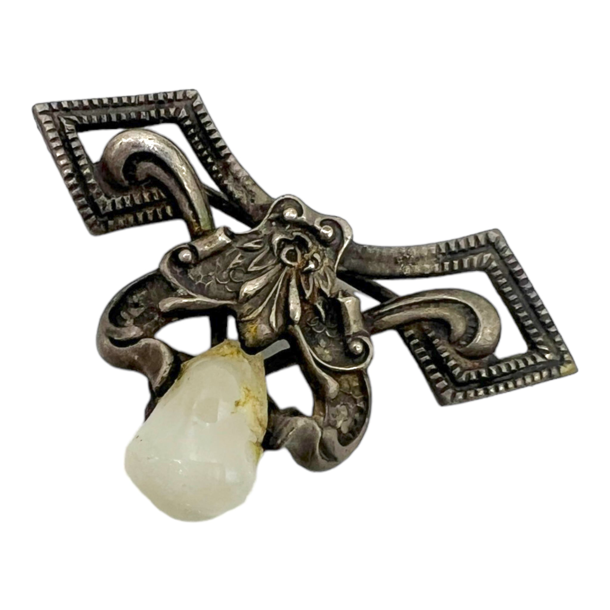 Antique Chinese Silver White Jade Brooch