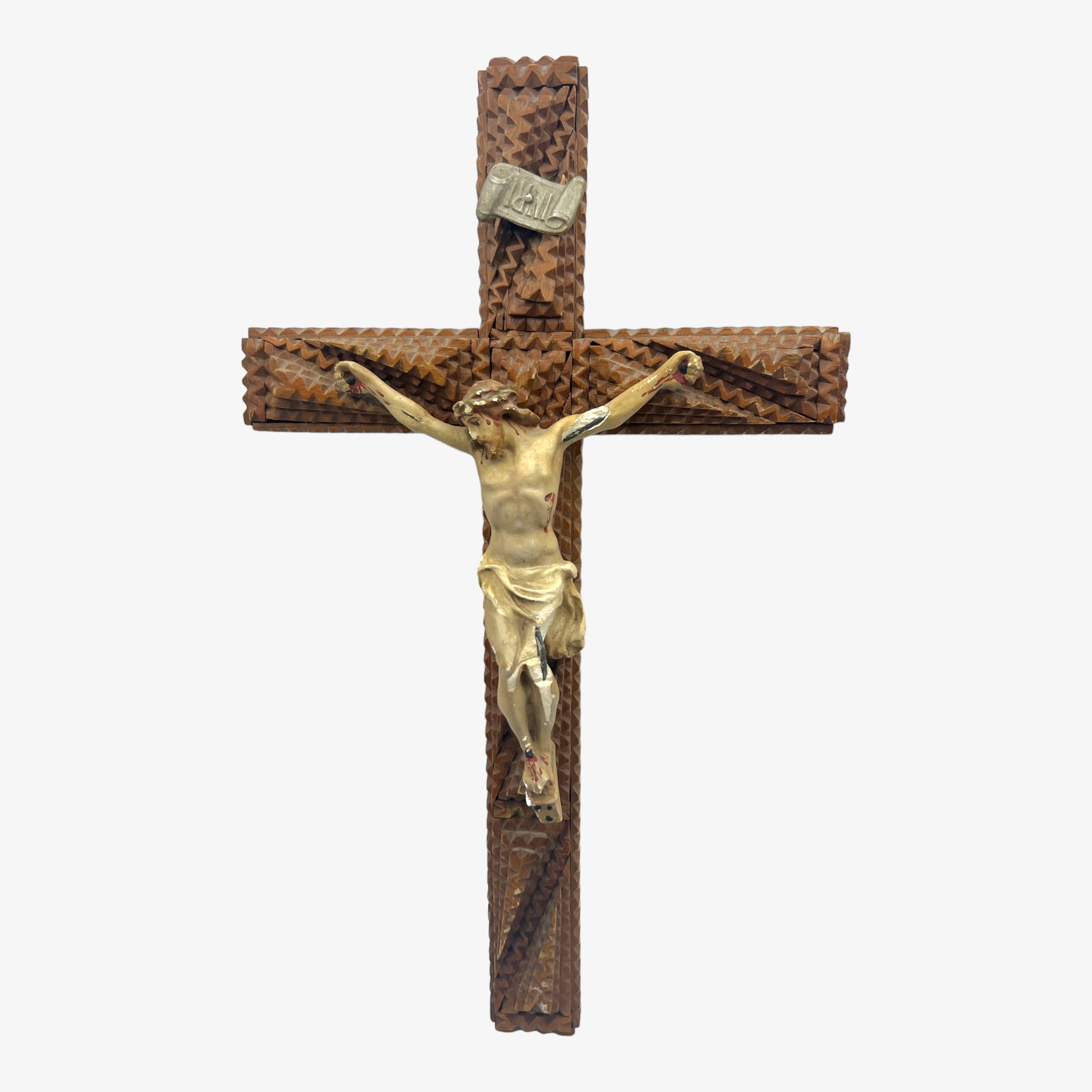 Vintage Folk Art Chip Carved Wood Crucifix