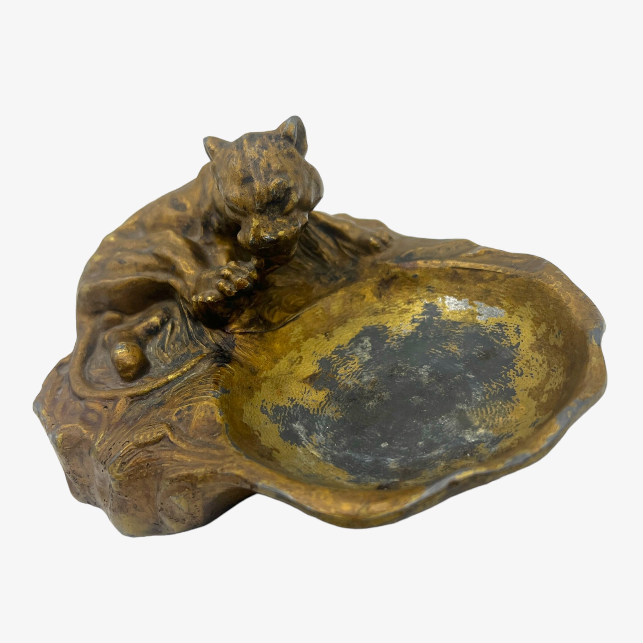 Antique Art Deco Cast Metal Tiger Ashtray