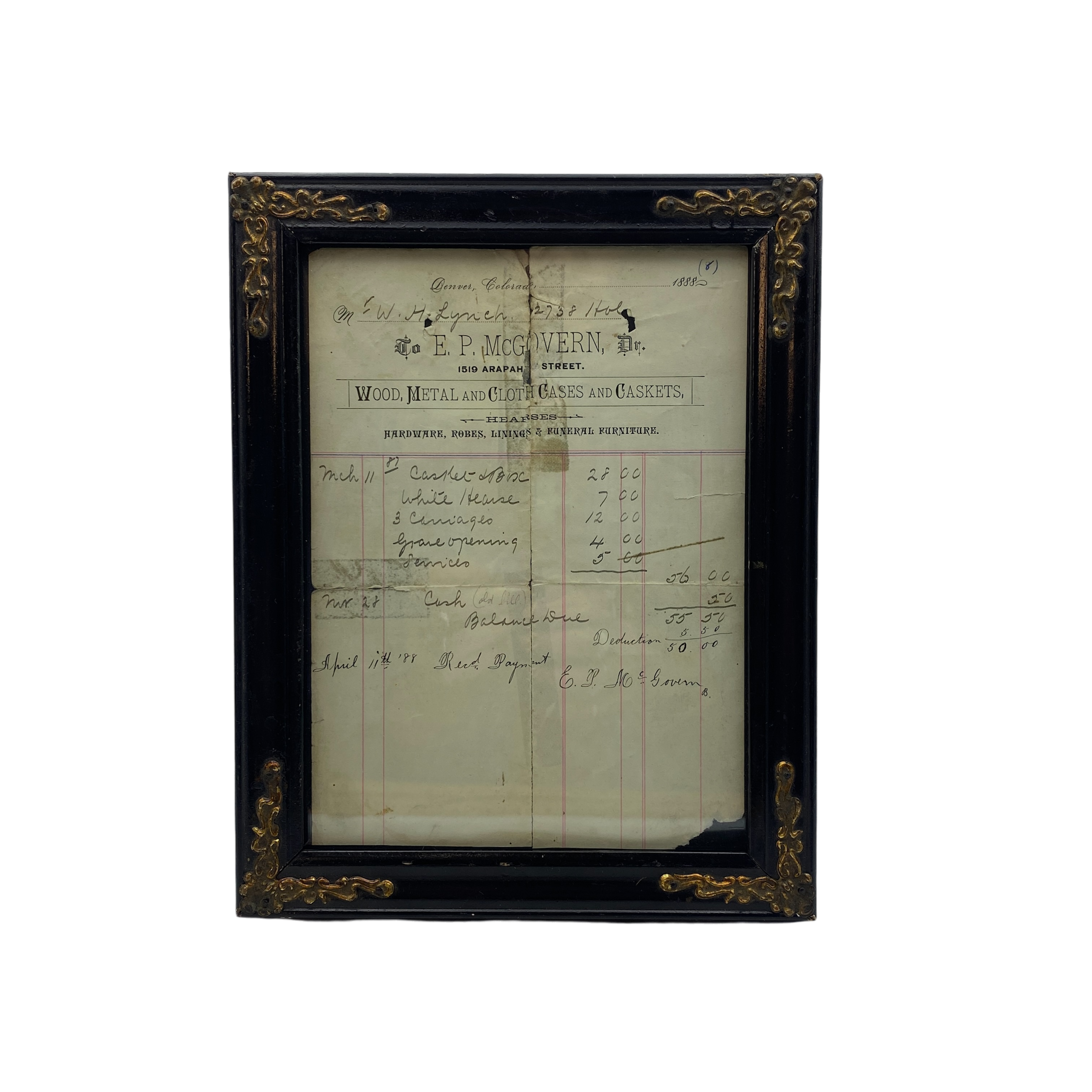 Antique 1888 Undertaker's Receipt