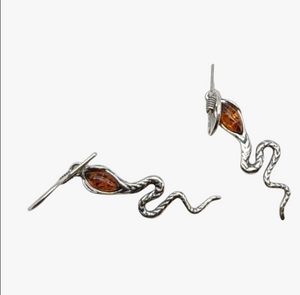 Sterling Silver & Baltic Amber Snake Earrings