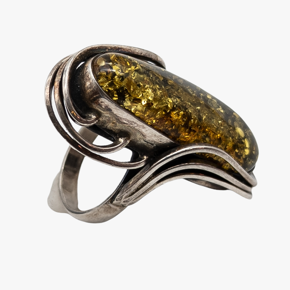 Huge Sterling Silver Green Baltic Amber Cocktail Ring Size 8.75
