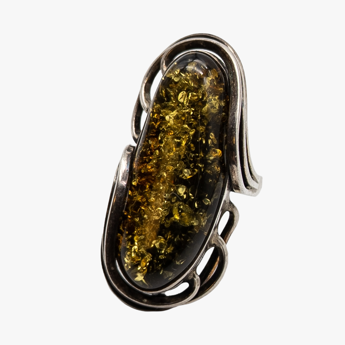 Huge Sterling Silver Green Baltic Amber Cocktail Ring Size 8.75