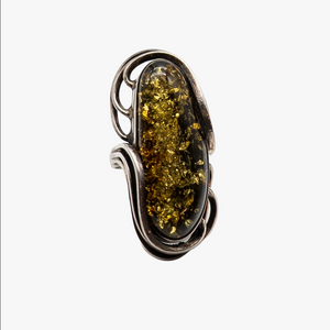 Huge Sterling Silver Green Baltic Amber Cocktail Ring Size 8.75