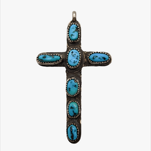 Vintage Sterling Silver Turquoise Large Cross Pendant
