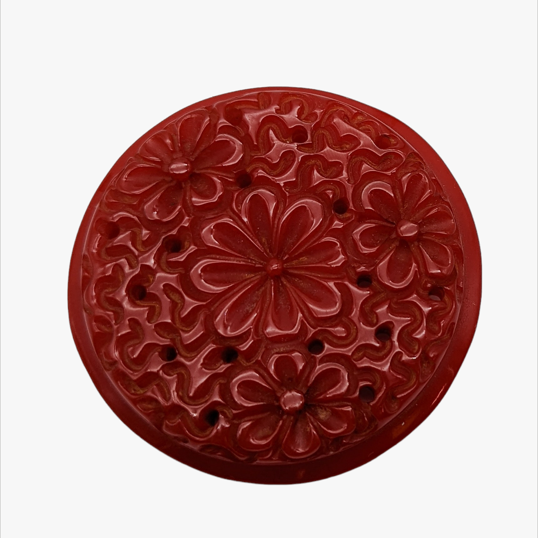 Vintage Cherry Red Giant Round Carved Brooch