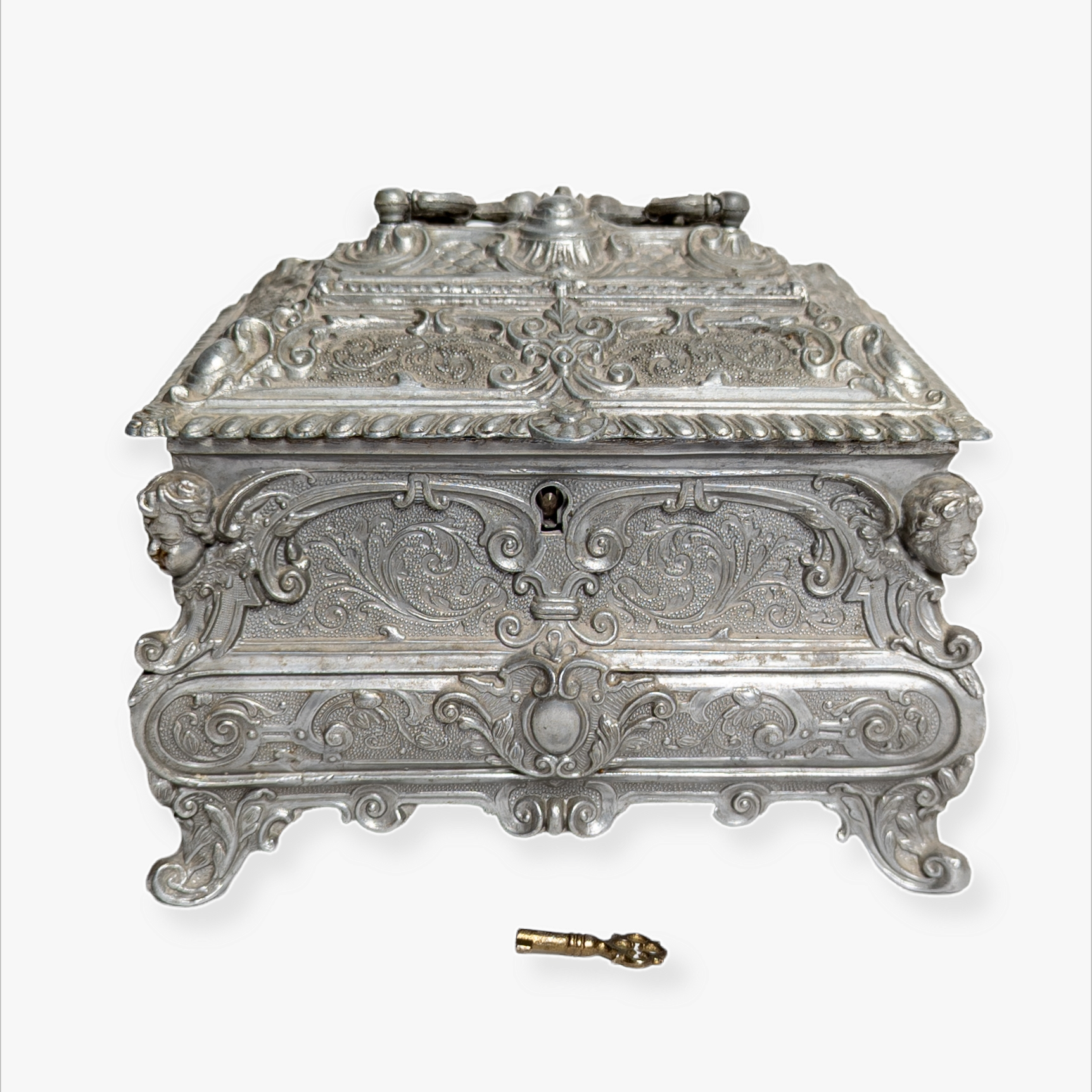 Antique 19th Century Ornate Pewter Jewelry Casket