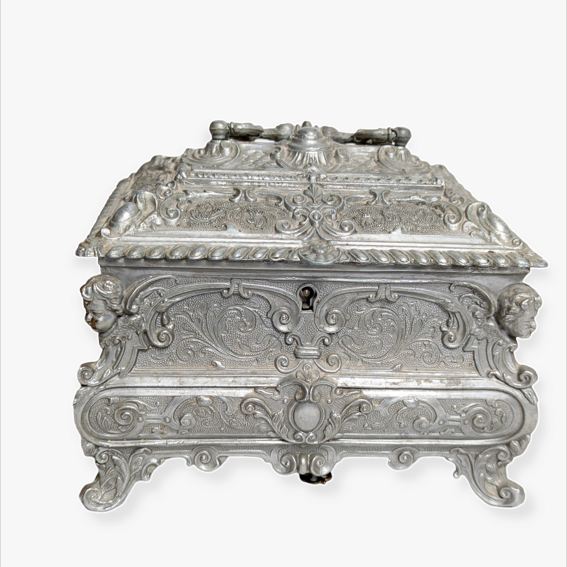 Antique 19th Century Ornate Pewter Jewelry Casket