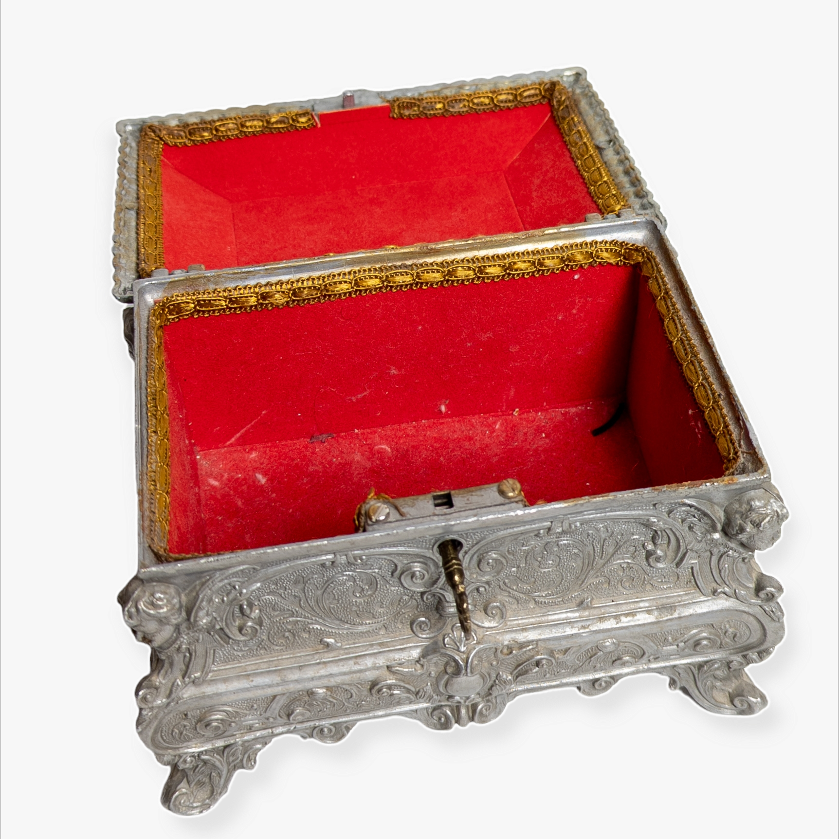 Antique 19th Century Ornate Pewter Jewelry Casket