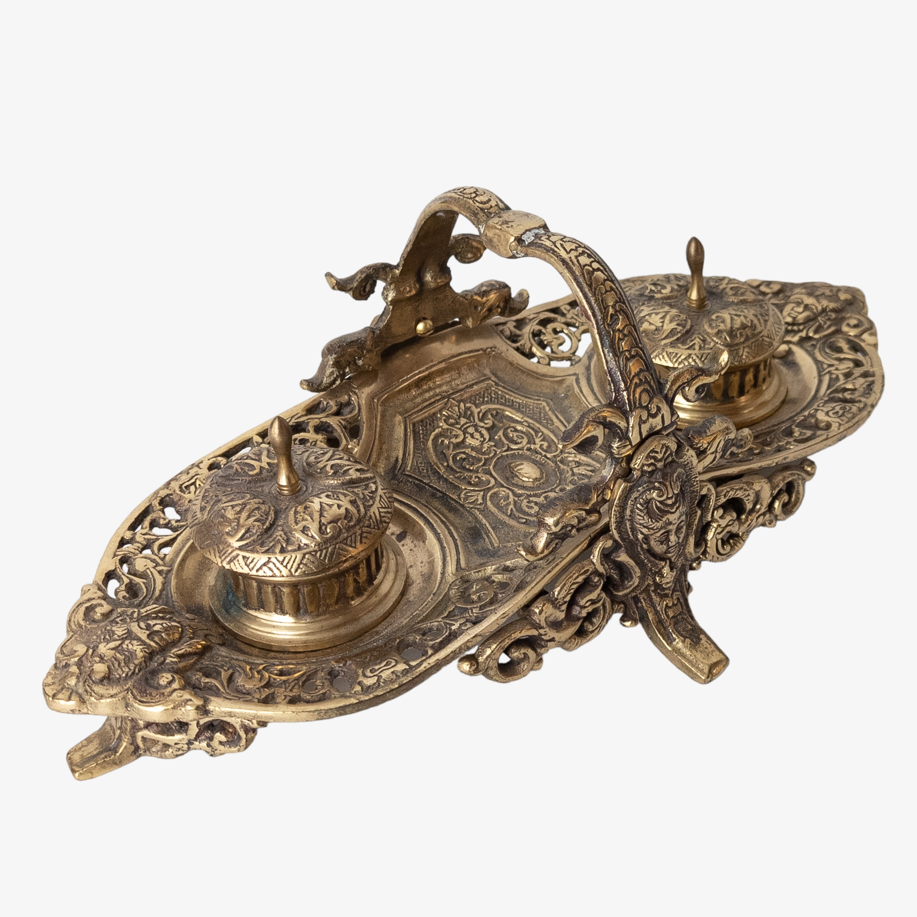 Antique Brass Ornate Medusa Double Inkwell